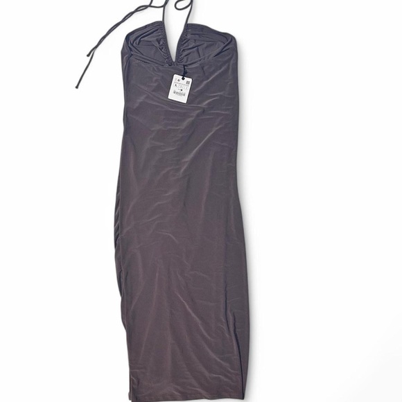 Elegant NWT women’s Zara mink ruched halter cocktail party dress with front slit - Picture 5 of 6
